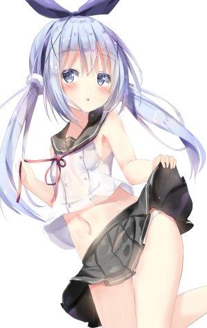 香風智乃,请问您今天要来点兔子吗?,夏奈なつ,前发,露肩,碧眼,青发,脸红,胸部,发饰,长发,视线正对,露脐,胖次,缎带,学校制服,水手服,衬衫,短裙,貧乳,single,双马尾,下着,白背景