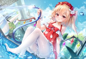 芙兰朵露,东方Project,guzangnanfeng,露肩,金发,breasts,发饰,holding,视线正对,裤袜,红色眼,坐姿,天空,single,双马尾,湿身