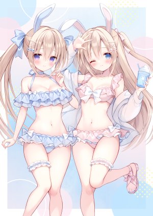 原创,izuminanase,兽耳,露肩,水着,金发,碧眼,脸红,breasts,项圈,cleavage,发饰,holding,长发,视线正对,露脐,挤眼,马尾辫,紫色眼,笑顔,泳装,超长发