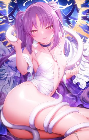 Fate系列,Fate/GrandOrder,MだSたろう,露肩,脸红,breasts,项圈,连衣裙,光晕,长发,開口,紫发,笑顔,snake,single,双马尾,超长发