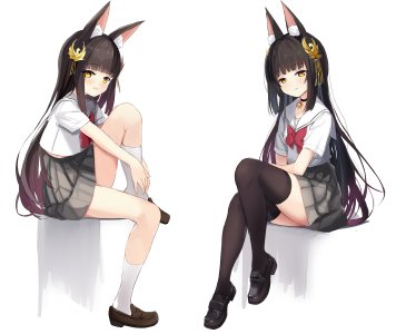 長門,碧蓝航线,hamiro,兽耳,黑发,黑丝,breasts,项圈,狐娘,发饰,长发,视线正对,迷你短裙,開口,褶皱裙,学校制服,水手服,衬衫,坐姿,短裙,single,丝袜,超长发,白背景,黄色眼