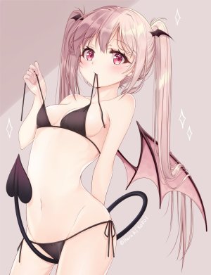 原创,haruki,single,长发,長身像,视线正对,breasts,红色眼,双马尾,holding,粉发,少女,露脐,泳装,水着,翅膀