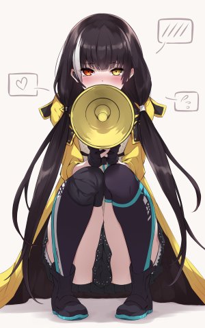 少女前線,diieru,脸红,全身,手套,holding,长发,视线正对,衬衫,短裙,single,黑丝,白背景,白发,黄色眼