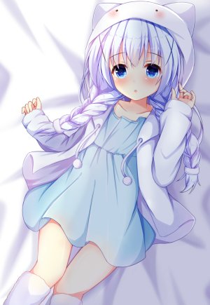 请问您今天要来点兔子吗?,香風智乃,kedama,长发,single,長身像,脸红,视线正对,開いた口,前发,碧眼,青发,横臥