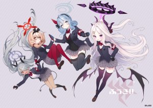 二色鯉,天雨亚子,火宮チナツ,日奈,銀鏡イオリ,蔚蓝档案,呆毛,黑丝,碧眼,青发,脸红,breasts,恶魔娘,全身,光晕,长发,视线正对,紫色眼,红色眼,丝袜,双马尾,白发,翅膀,黄色眼