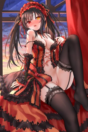 时崎狂三,DATE·A·LIVE,devil_heavens,黑发,黑丝,脸红,breasts,cleavage,视线正对,開口,胖次,猫咪,红色眼,坐姿,single,丝袜,双马尾,uncensored,下着,黄色眼