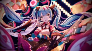 初音ミク,VOCALOID,ichigo_mayonnaise,发饰,holding,乐器,和服,ランターン,长发,魔法未来演唱会,開いた口,短裙,single,双马尾,浴衣