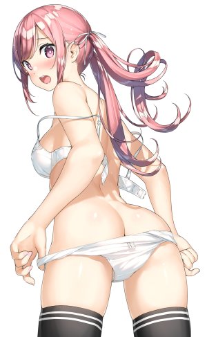 原创,kantoku,长发,single,長身像,脸红,视线正对,前发,開いた口,胸部,白背景,双马尾,粉发,回头看