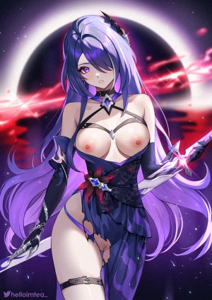 崩坏：星穹铁道,honkai,acheron,helloimtea,single,长发,長身像,视线正对,前发,breasts,紫色眼,holding,紫发,nipples,猫咪,闪烁,erect_nipples,uncensored,爆衣,少女,连衣裙,手套,发饰,weapon,项圈,剑
