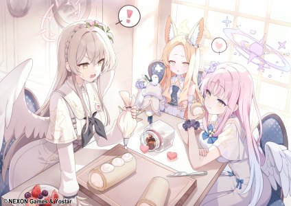 聖園ミカ,桐藤ナギサ,百合園セイア,蔚蓝档案,misyune,兽耳,金发,茶发,连衣裙,光晕,长袖,開口,粉发,学校制服,坐姿,翅膀