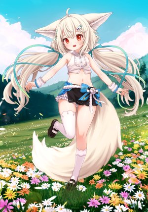 原创,comodomodo,呆毛,兽耳,露肩,金发,脸红,三股辫,狐娘,全身,发饰,kneehighs,长发,视线正对,迷你短裙,露脐,開口,红色眼,缎带,衬衫,短裙,笑顔,single,丝袜,双马尾,超长发