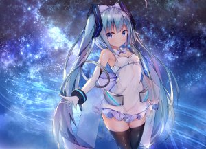 初音ミク,VOCALOID,twiska,黑丝,碧眼,青发,连衣裙,長手袋,手套,长发,笑顔,single,双马尾