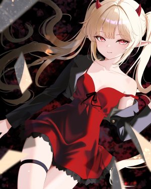 Yuuca,原创,金发,breasts,连衣裙,horns,长发,长袖,视线正对,横臥,尖耳,红色眼,缎带,笑顔,single,双马尾