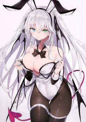 原创,nanananana,兽耳,露肩,黑丝,碧眼,胸部,兔耳,cleavage,绿色眼,holding,巨乳,长发,视线正对,银发,single,翅膀