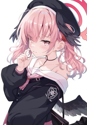 下江コハル,蔚蓝档案,pu_ht,脸红,项圈,光晕,长袖,视线正对,粉发,衬衫,single,双马尾,白背景,翅膀