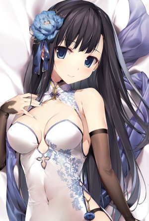 原创,karory,露肩,黑发,碧眼,胸部,汉服,cleavage,连衣裙,吊带袜,发饰,长发,视线正对,横乳,single