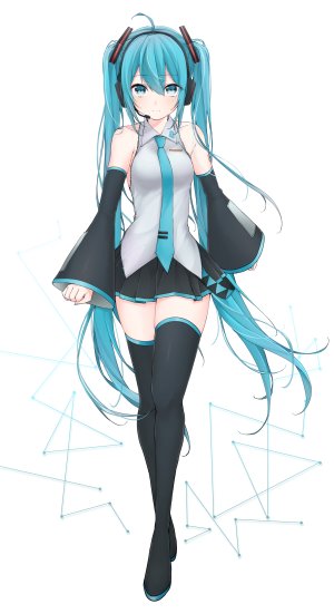 初音ミク,VOCALOID,drawing_kanon,露肩,黑丝,胸部,全身,发饰,长发,视线正对,迷你短裙,衬衫,短裙,貧乳,single,tattoo,双马尾,白背景,絶対領域