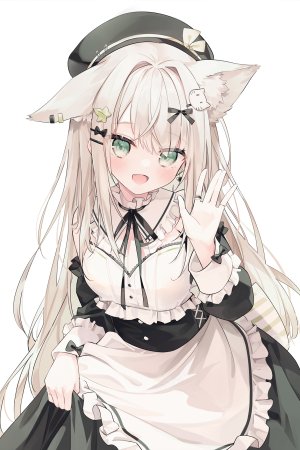 原创,鬼針草,兽耳,围裙,脸红,连衣裙,绿色眼,发饰,长发,长袖,视线正对,笑顔,single,超长发,白背景,白发