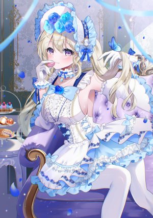 月宮サラ,原创,金发,脸红,breasts,项圈,连衣裙,手套,发饰,holding,长发,视线正对,项链,裤袜,紫色眼,坐姿,笑顔,single,超长发