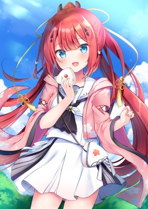 加藤うみ,SummerPockets,masayo,碧眼,脸红,三股辫,发饰,holding,长发,长袖,视线正对,開いた口,马尾辫,衬衫,短裙,天空,笑顔,single