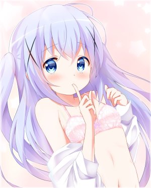 香風智乃,请问您今天要来点兔子吗?,aoi_kanan,前发,露肩,碧眼,青发,脸红,bra,胸部,发饰,长发,露脐,貧乳,single,下着